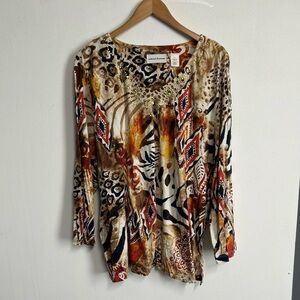 ALFRED DUNNER Women’s XL Animal Print Gold Sequin V Neck T Shirt Stretch L/S‎